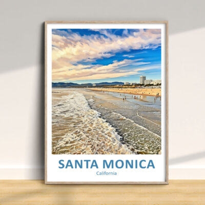 Framed Santa Monica beach poster on wall