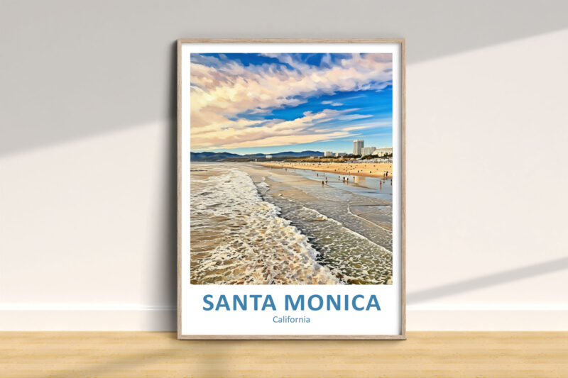 Framed Santa Monica beach poster on wall