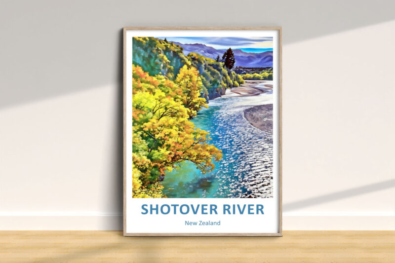 Shotover River poster, colorful landscape artwork.