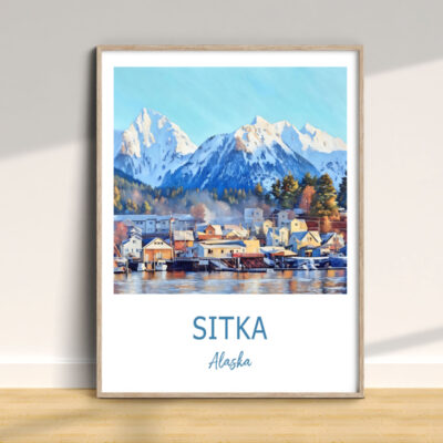 Framed painting of Sitka, Alaska mountains.