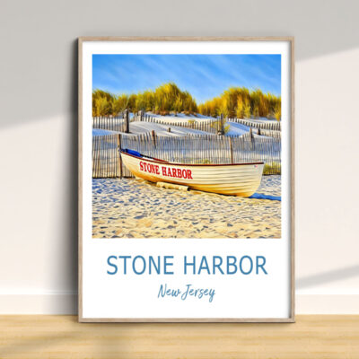 Stone Harbor beach art in wooden frame