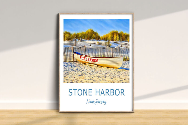 Stone Harbor beach art in wooden frame