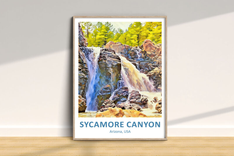 Framed Sycamore Canyon waterfall art print, Arizona USA.