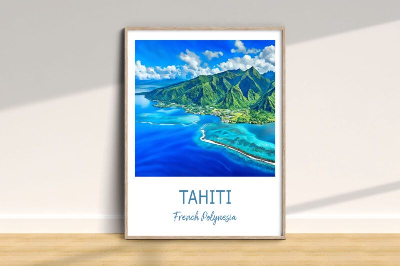 Framed Tahiti landscape painting on wooden floor