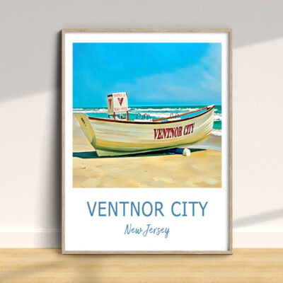 Ventnor City beach with lifeboat, New Jersey poster.