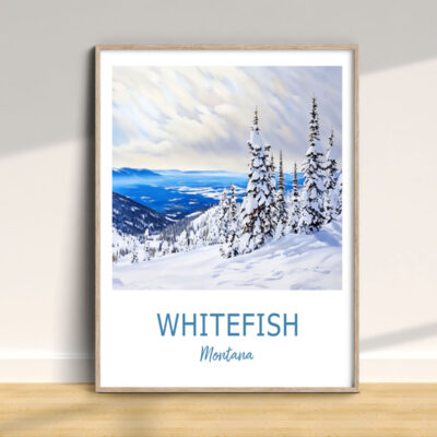Framed Whitefish Montana snowy landscape painting