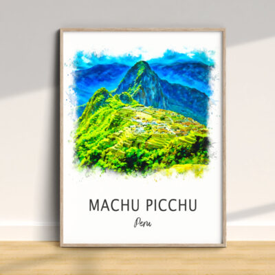 Colorful painting of Machu Picchu, Peru in frame.