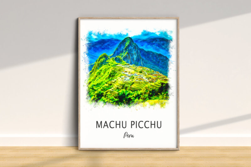 Colorful painting of Machu Picchu, Peru in frame.