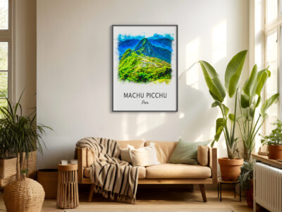 Living room with Machu Picchu artwork on wall.