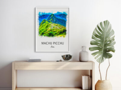 Machu Picchu poster on modern wooden console table.
