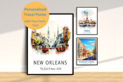 Customizable travel posters: New Orleans, Paris, Buenos Aires