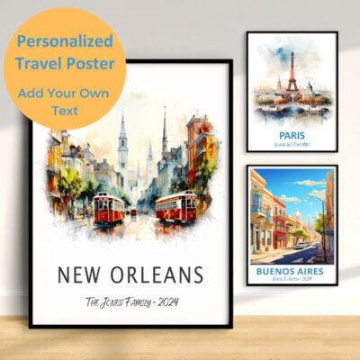 Customizable travel posters: New Orleans, Paris, Buenos Aires