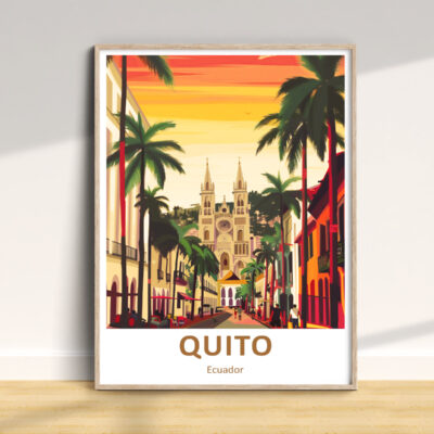 Quito Ecuador illustration with cathedral and palm trees