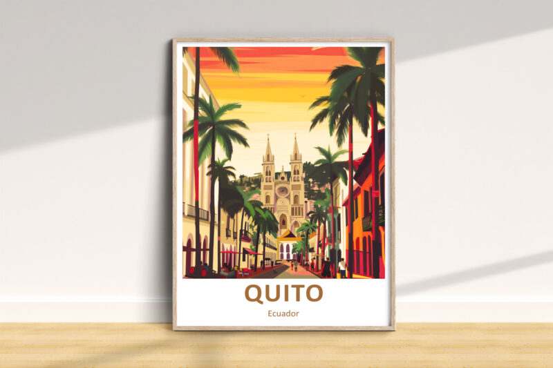 Quito Ecuador illustration with cathedral and palm trees
