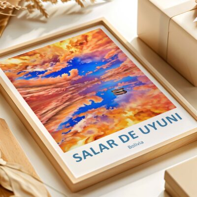 Colorful Salar de Uyuni artwork in wooden frame.