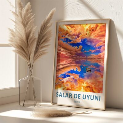 Framed Salar de Uyuni poster on windowsill