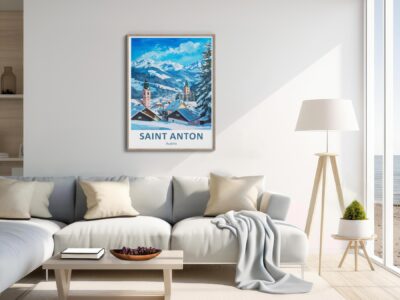 Cozy living room with Saint Anton poster.