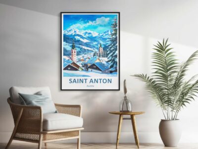 Saint Anton skiing poster, cozy living room decor.