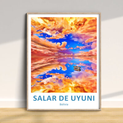 Colorful sunset over Salar de Uyuni reflection.