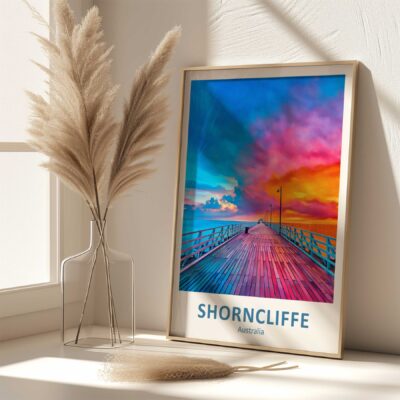 Colorful Shorncliffe pier poster and dry grass vase