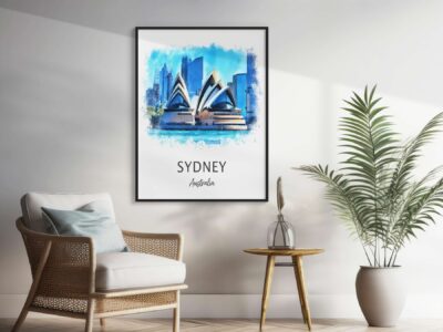 Modern room with Sydney city artwork and plants.