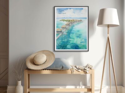 Cozy room with seascape artwork and straw hat.