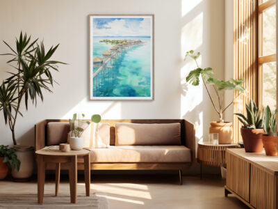 Cozy room with framed ocean artwork and plants.