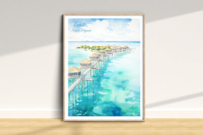 Framed Tahiti watercolor print on wooden floor