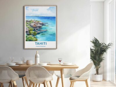 Dining room with Tahiti poster on wall.