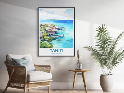 Framed Tahiti poster in modern living room.