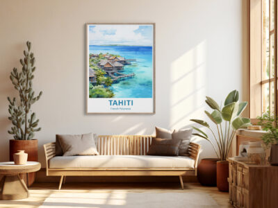 Cozy living room with Tahiti poster on wall.