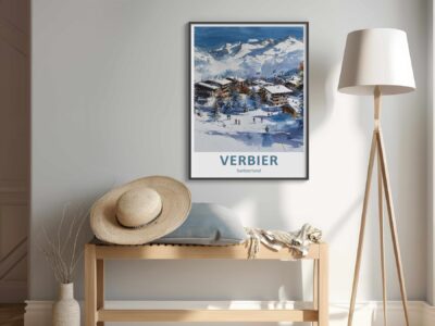 Modern room with Verbier skiing poster.