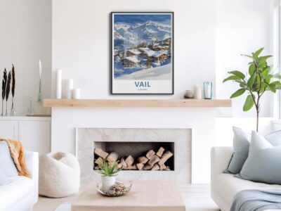 Modern living room with Vail poster.