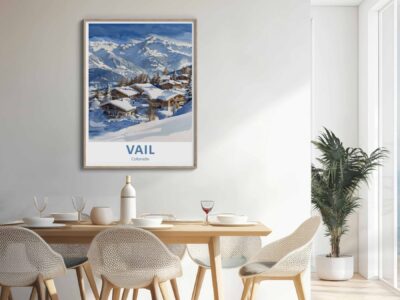 Dining area with mountain poster on wall