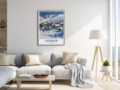 Modern living room with Verbier poster.