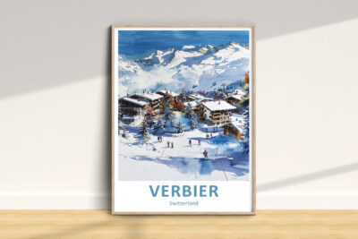 Verbier Switzerland ski resort painting with mountains