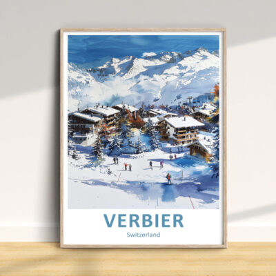 Verbier Switzerland ski resort painting with mountains