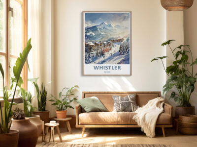 Cozy living room with Whistler Canada poster.