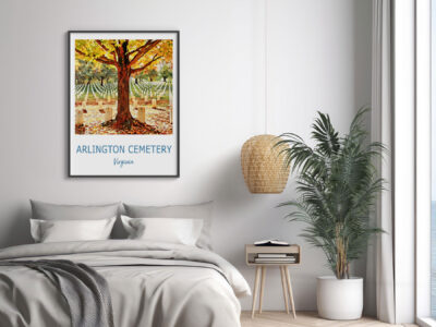 Framed Arlington Cemetery poster above bed
