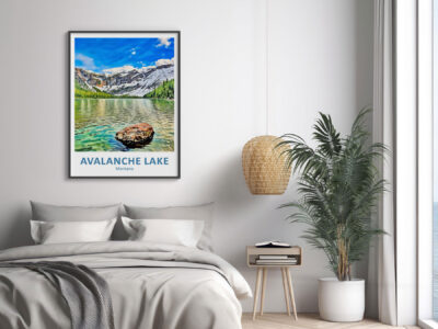 Bedroom with Avalanche Lake poster on wall.