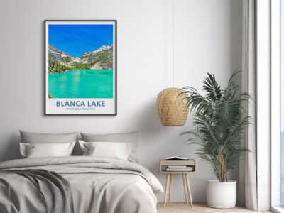 Bedroom with Blanca Lake poster and houseplant