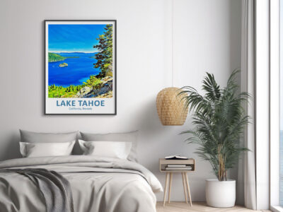 Bedroom with Lake Tahoe art, plant, and lamp.
