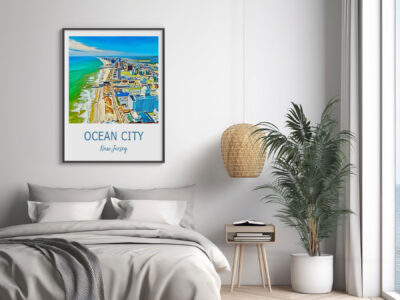 Modern bedroom with Ocean City poster.