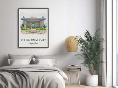 Bedroom with Peking University poster and plant.