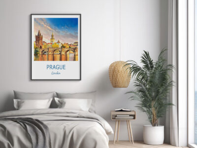 Cozy bedroom with Prague wall art.