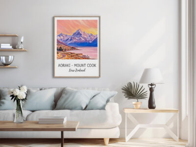 Modern living room with mountain artwork on wall.