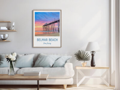Modern living room with Belmar Beach poster.