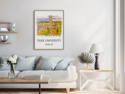 Living room with Duke University wall art.