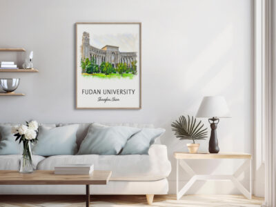 Living room with Fudan University art.