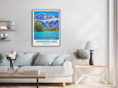 Cozy living room with lake poster on wall.